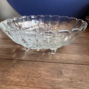 Vintage Indiana Glass Clear Crystal Footed Harvest Grape Fruit Oval Bowl